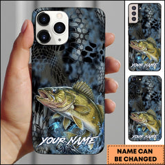 Maxcorners Walleye Fishing Phone Case Dark Hexagon Texture Smoke Blue Art Personalized Name Phone Case