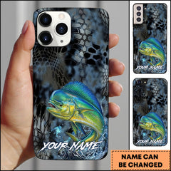 Maxcorners Mahi-mahi Fishing Phone Case Dark Hexagon Texture Smoke Blue Art Personalized Name Phone Case