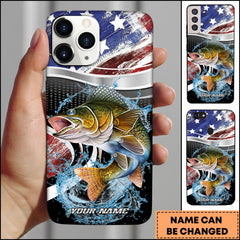 Maxcorners Walleye Fishing American Flag Metallic Wave Water Splash Art Personalized Name Phone Case