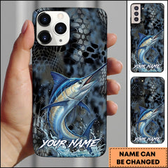 Maxcorners Marlin Fishing Phone Case Dark Hexagon Texture Smoke Blue Art Personalized Name Phone Case