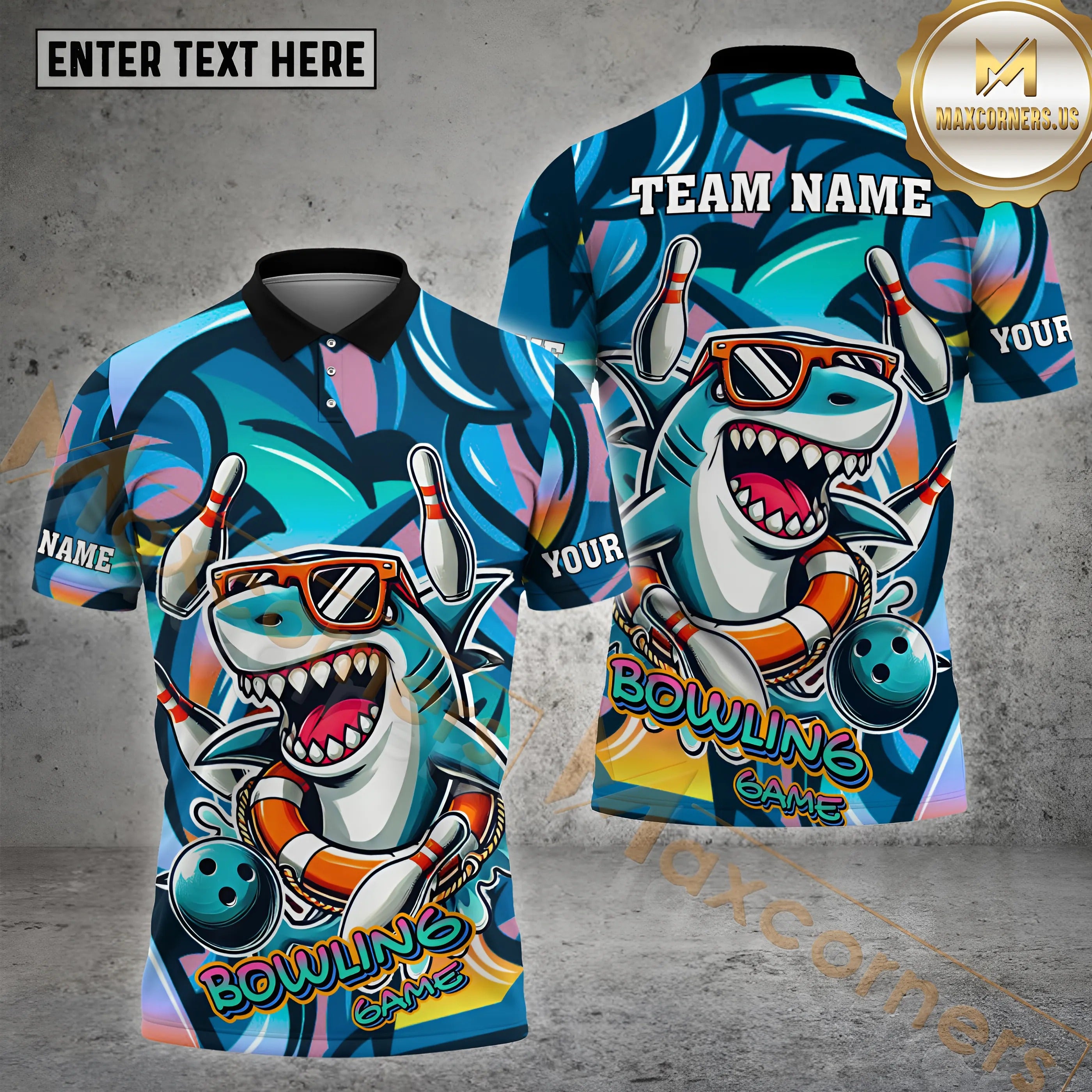 Funny Shark Graffiti Bowling Jersey – Personalized Name & Team, Multicolor 3D Shirt for Bowling Lovers