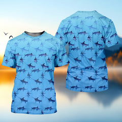Maxcorners Swordfish Pattern Blue Fishing Shirt, Cute Fishing Outfits, SPF Shirt For Men, Men's Fishing Shirt