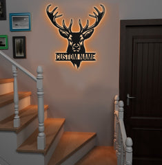 Maxcorners Personalized Deer Head Metal Sign WITH LED/WITHOUT LED – Rustic Hunting Cabin Wall Decor, Gift for Hunters LM0110