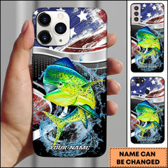 Maxcorners Mahi-mahi Fishing American Flag Metallic Wave Water Splash Art Personalized Name Phone Case