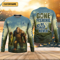 Maxcorners Gone Fishing Be Back Never Sasquatch Fishing SPF Shirt, Performance Fishing Shirts, Men's Fishing Shirt