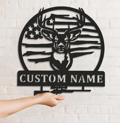 Maxcorners Personalized Deer Hunting Metal Sign WITH LED/WITHOUT LED, Rustic Buck Wall Art with American Flag, Cabin & Lodge Decor for Hunters LM0110