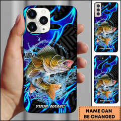 Maxcorners Walleye Fishing Neon Blue Flame Water Splash Art Personalized Name Phone Case