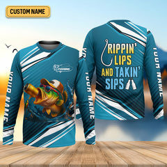 Maxcorners Rippin' Lips & Takin' Sips Fishing SPF Shirt For Men, Gift For Fisherman, Fishing Shirts For Men