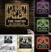 Maxcorners Personalized Deer Family Metal Sign WITH LED/WITHOUT LED, Rustic Cabin Wall Decor, Wildlife Hunting Lodge Name Sign LM0110