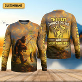 Maxcorners The Best Things In Life Are Wild And Free Bigfoot Sunset Funny Fishing Shirt, SPF Shirt For Men