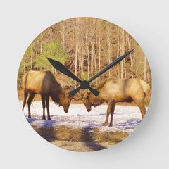 Maxcorners Two Bull Elk in the snow Round Clock TU3012