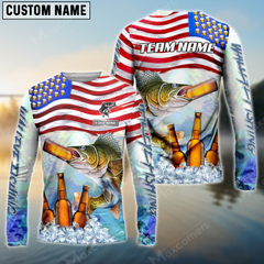 Maxcorners Walleye Fishing American Flag Bear Sun Protection Personalized Name, Team Name Long Sleeve Shirt