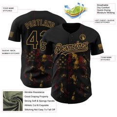 Maxcorners Custom Black Old Gold 3D American Flag Skull Patriotic Premium Baseball Jersey 1 LM0210