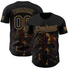 Maxcorners Custom Black Old Gold 3D American Flag Skull Patriotic Premium Baseball Jersey 1 LM0210