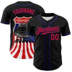 Maxcorners Custom Black US Navy Blue-White 3D Patriotic American Flag And Muscle Car Premium Baseball Jersey LM0210