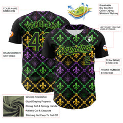 Maxcorners Custom Black Aurora Green 3D Pattern Design Mardi Gras Shrove Tuesday Premium Baseball Jersey LM0210