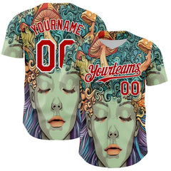 Maxcorners Custom Green Red-White 3D Pattern Design Rave Party Trippy Magic Mushroom Premium Baseball Jersey LM0210