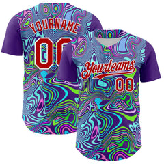 Maxcorners Custom Purple Red-White 3D Pattern Design Rave Party Trippy Laser Fluid Premium Baseball Jersey LM0210