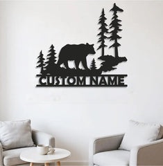 Maxcorners Personalized Bear Metal Sign WITH LED/WITHOUT LED - Rustic Cabin Name Sign, Wildlife Forest Wall Art for Lodge & Outdoor Decor LM0110