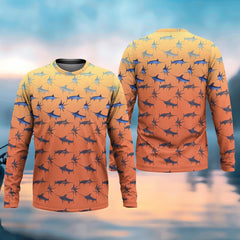 Maxcorners Swordfish Pattern Orange Fishing Shirt, Cute Fishing Outfits, SPF Shirt For Men, Men's Fishing Shirt