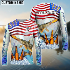 Maxcorners Pike Fishing American Flag Bear Sun Protection Personalized Name, Team Name Long Sleeve Shirt