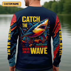 Maxcorners Catch The Wave Shark Fishing SPF Shirt, Mens Fishing Shirts Long Sleeve, Gift For Fisherman