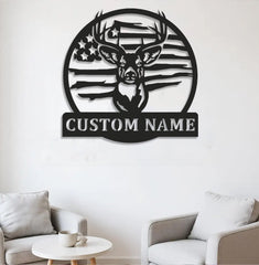 Maxcorners Custom Name American Flag Deer Hunting Metal Sign WITH LED/WITHOUT LED Light Rustic Lodge Wall Decor LM0110