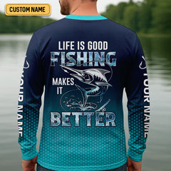 Maxcorners Life Is Good Fishing Makes It Better Performance Fishing Shirts, Swordfish Fishing SPF Shirt For Men