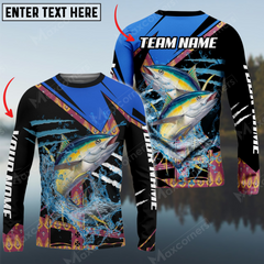 Maxcorners Tuna Fishing Blue Brocade Pattern Sun Protection Personalized Name, Team Name Long Sleeve Shirt