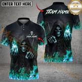 Maxcorners Flaming Skull Reaper Golf Polo Shirt Customized Name, Team Name 3D Shirts (4 Colors)