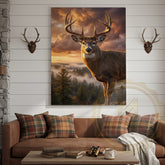Maxcorners Deer Canvas Golden Hour Misty Mountain View Canvas Wall Art