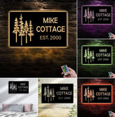 Maxcorners Personalized Forest Metal Sign WITH LED/WITHOUT LED - Rustic Cabin Name Sign with Pine Trees, Cottage Established Wall Art Gift LM0110