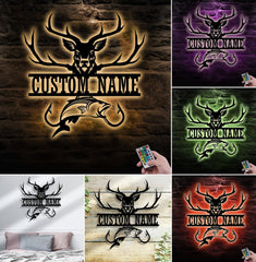 Maxcorners Personalized Deer & Fish Metal Sign WITH LED/WITHOUT LED Light Rustic Cabin Wall Decor Hunter Fisher Gift LM0110