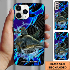 Maxcorners Catfish Fishing Neon Blue Flame Water Splash Art Personalized Name Phone Case