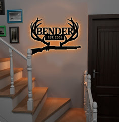Maxcorners Personalized Metal Sign WITH LED/WITHOUT LED – Deer Antler Hunting Wall Decor with Rifle – Custom Rustic Cabin Sign for Hunters LM0110