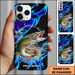 Maxcorners Pike Fishing Neon Blue Flame Water Splash Art Personalized Name Phone Case