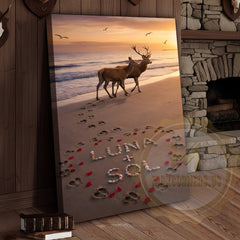 Maxcorners Deer Couple Beach Sunset Love Footprints Personalized Name Canvas