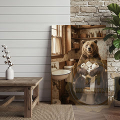 Maxcorners Bear Canvas Farmhouse Bathroom Toilet Paper Humor Canvas Wall Art