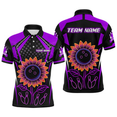 Maxcorners Purple Neon Lightning Sunflower Bowling Shirt for Men Custom Team Bowling Polo Bowling Jersey MT1309