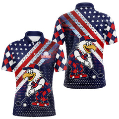 Maxcorners Funny American Flag Eagle Mens Golf Polo Shirts Patriotic Red & Blue Argyle Pattern Golf Ball Custom TU1512