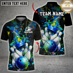 Maxcorners Bowling Crown Pins Graffiti Splash Art Multicolor Customized Name, Team Name 3D Shirt