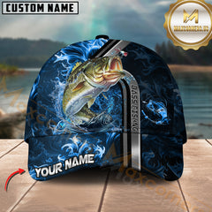 Maxcorners Bass Fishing Blue Fire Golden Number One Pattern Sport Pattern Personalized Name 3D Cap MT78