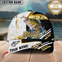 Maxcorners Walleye Fishing Black White Gold Premium Pattern Sport Pattern Personalized Name 3D Cap MT78