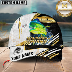 Maxcorners Mahi-Mahi Fishing Black White Gold Premium Pattern Sport Pattern Personalized Name 3D Cap MT78