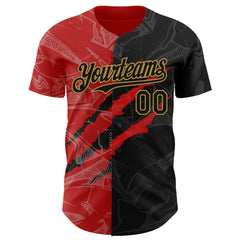 Maxcorners Custom Graffiti Pattern Black Red-Old Gold 3D Scratch Premium Baseball Jersey LM0210