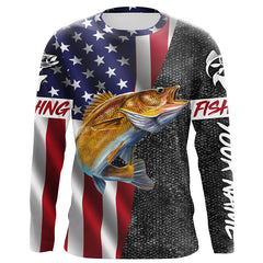 MaxCorners American Flag Walleye Fishing Customized Name 3D Long Sleeve Shirt