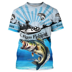 Maxcorners Personalized Largemouth Bass Fishing Jerseys Blue Long Sleeve Fishing Shirts, Bass Fishing Jerseys