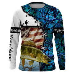 MaxCorners Walleye Fishing American Flag Teal Blue Camo Customized Name 3D Long Sleeve Shirt