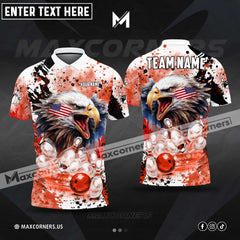 Maxcorners Bowling And Pins Eagle American Flag Paint Pattern Customized Name, Team Name 3D Polo Shirt (4 colors)