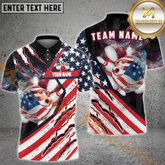 Maxcorners Bowling American Flag Patriot Customized Name, Team Name 3D Polo Shirt